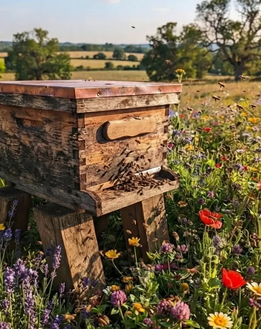 Bee boxes situated in a lush, green natural farming landscape